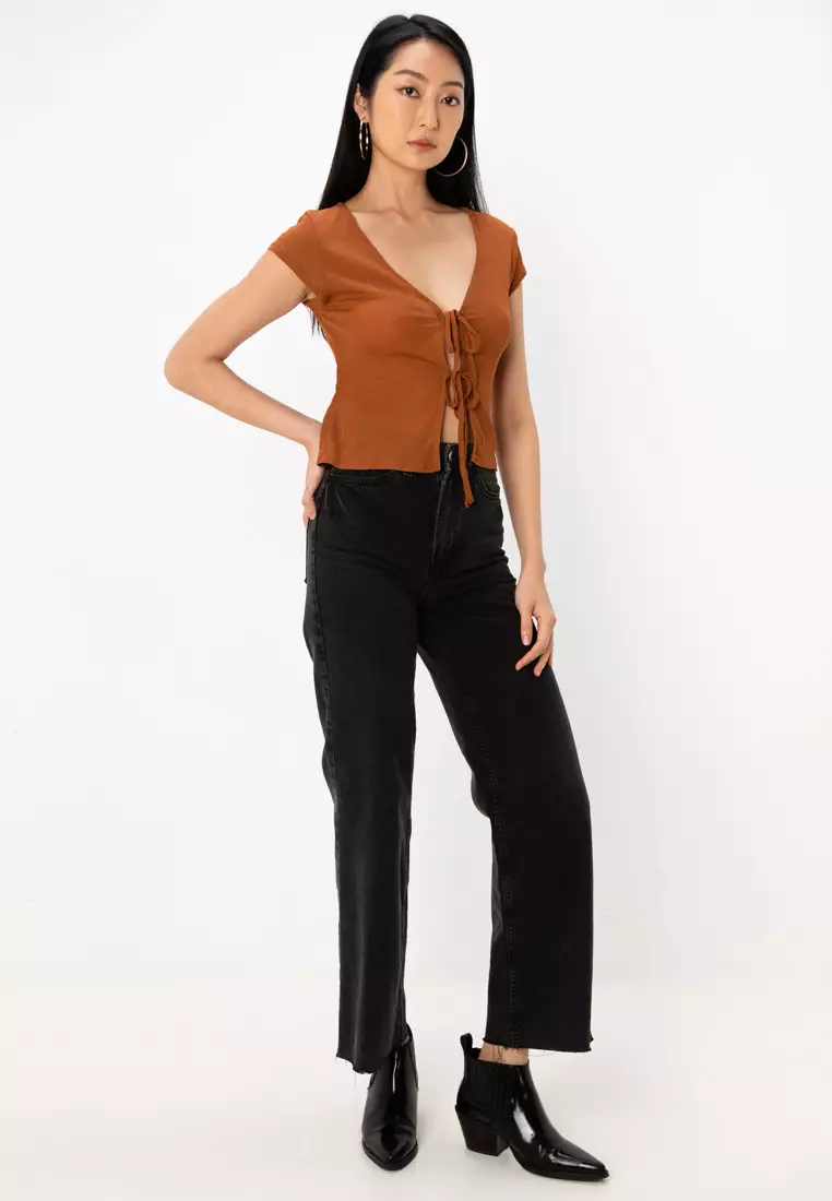 Tie Front Short Sleeve Top In Slinky Mesh