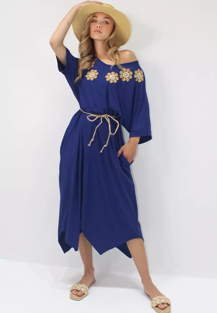 Embroidered Straw Belted Midi Dress
