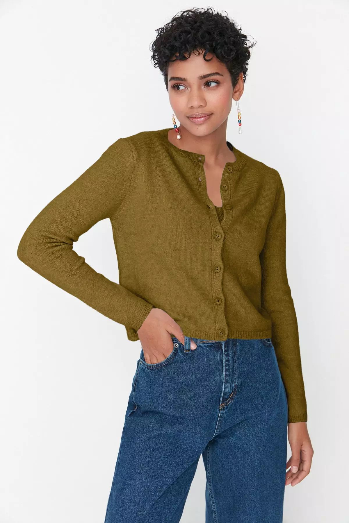 Khaki Crop Soft Textured 2 Piece Blouse Cardigan Knitwear Set