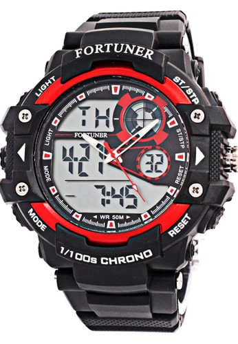 Fortuner Chrono Watch - Jam Tangan Pria - Strap Kulit - Hitam Merah - AD1602 RED