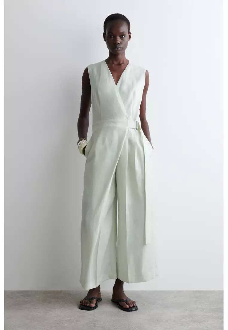 WRAP-FRONT LINEN JUMPSUIT