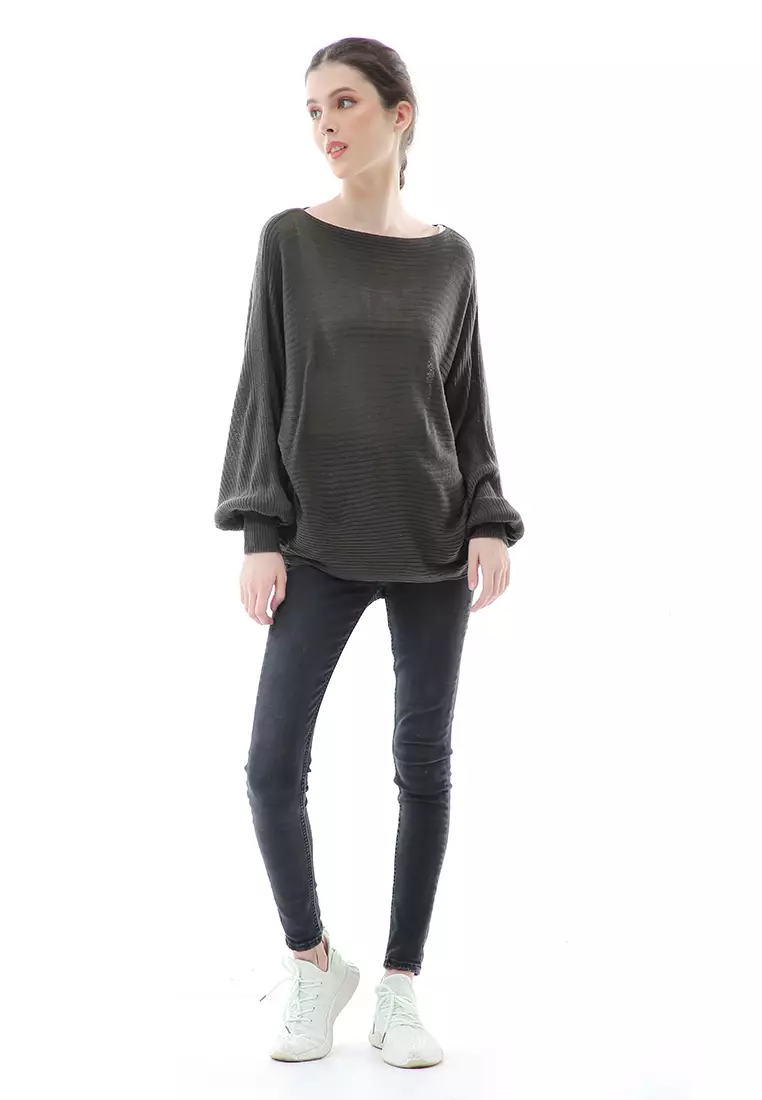 Eveline Sweater Rajut Batwing Atasan Wanita Motif Polos High Quality - Army