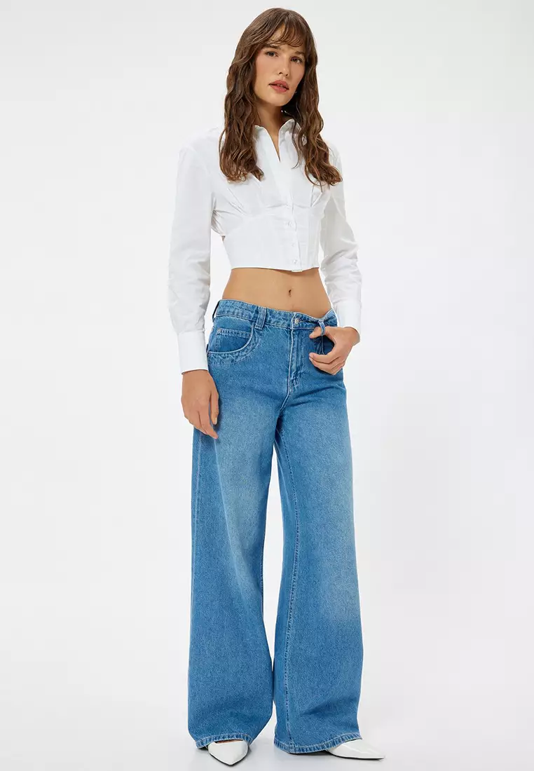 Corset Look Crop Poplin Shirt Long Sleeve Cotton Slim Fit