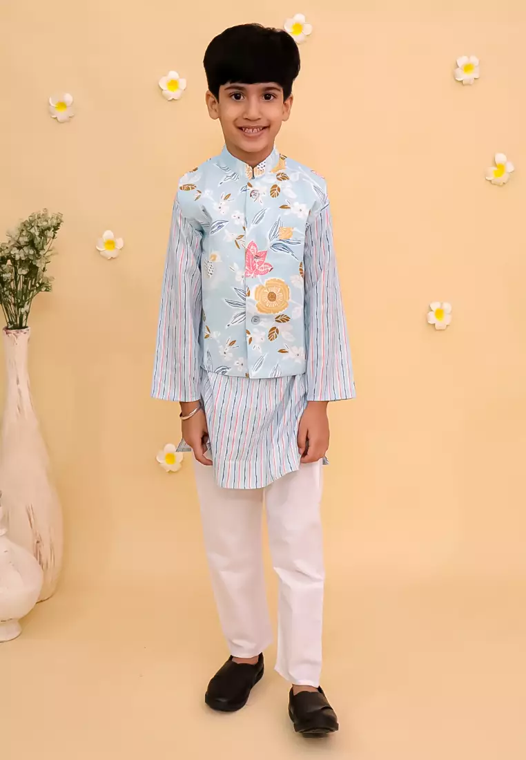 The Mom Store Megh Malhaar Boys Floral Print Jacket And Kurta Pajama Set - Light Blue