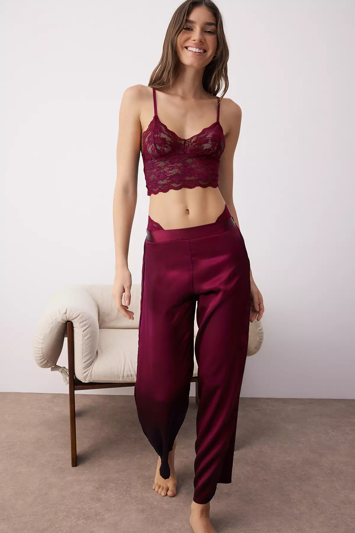Burgundy 3-Piece Dowry Set Lace Top, Satin Bottom Suspender Panty Woven Pajama Set