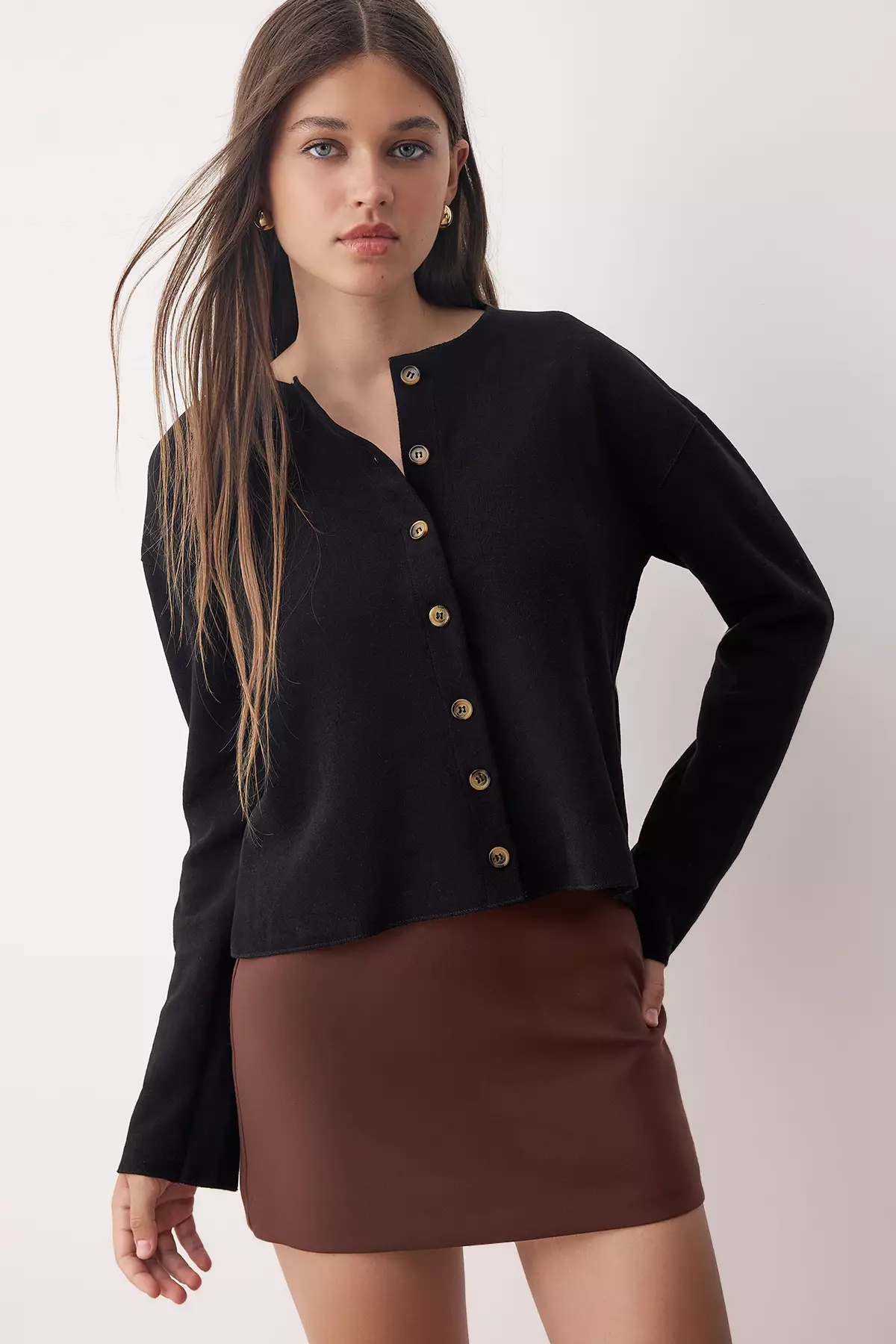 Black Soft Surface Buttoned Crew Neck Knitted Jacket