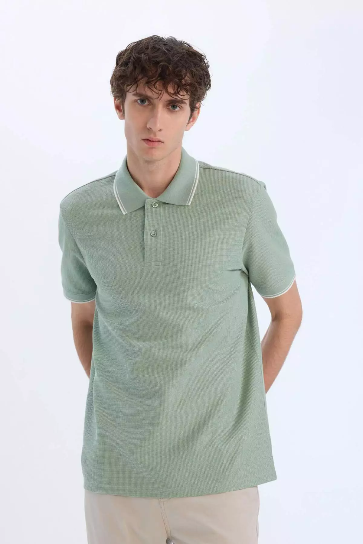 Regular Fit Polo Neck Short Sleeve Textured Waffle T-Shirt D7932Ax25Sp