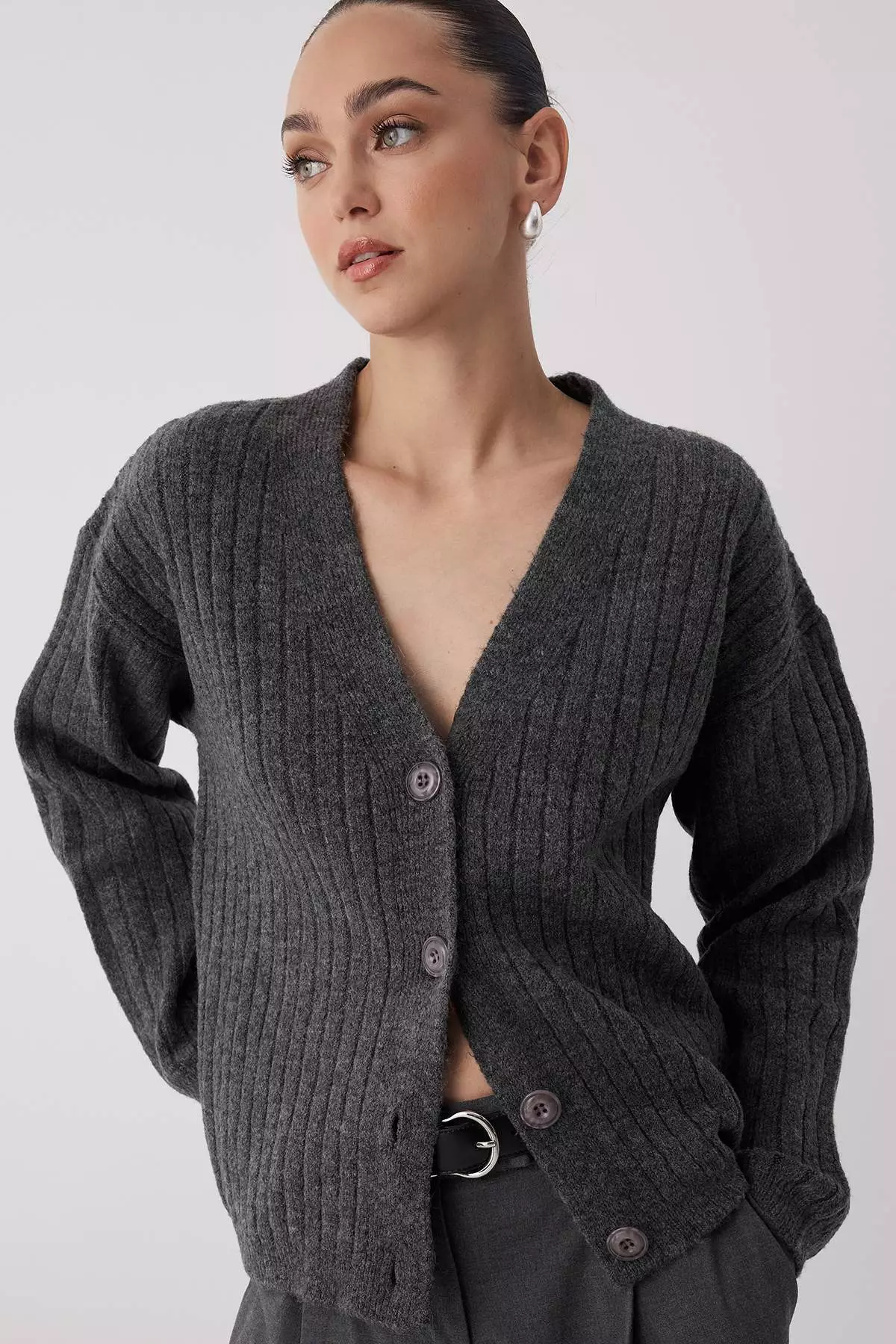 Anthracite Soft Textured Basic Wide Fit Knitwear Cardigan