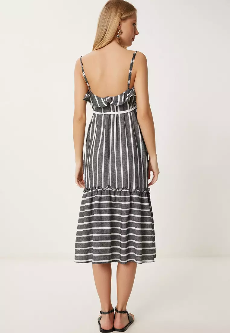 Women's Anthracite Bone Striped Flounced Summer Woven Dress Li00126
