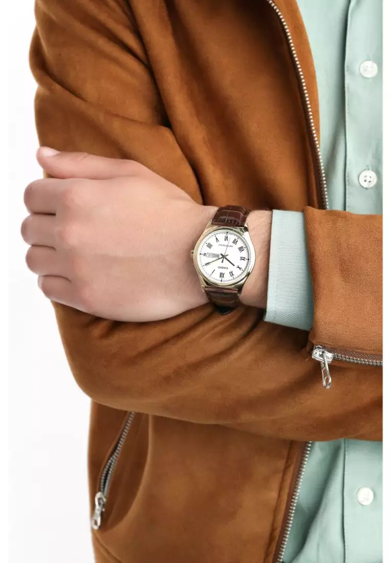 Men's Analog MTP-V006GL-7B Gold Tone Case Leather Watch
