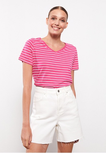 LC WAIKIKI pink V Neck Striped T-Shirt 80EABAA6044ECDGS_1