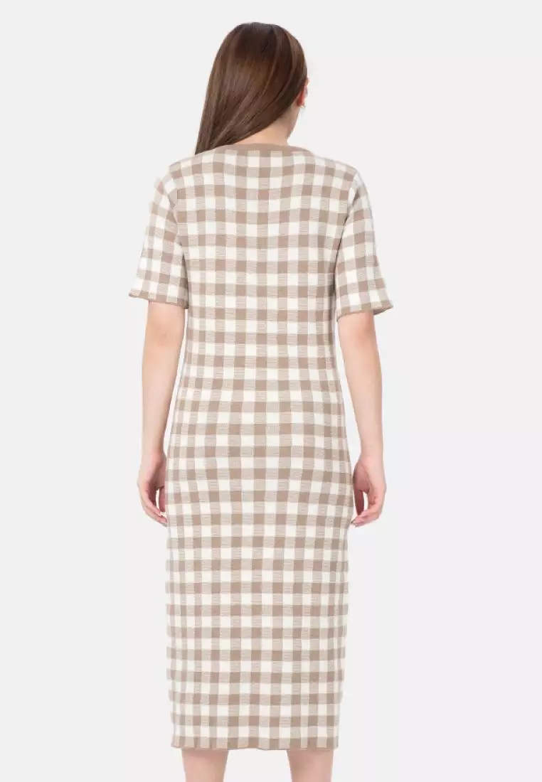Checker Midi Dress in Brown