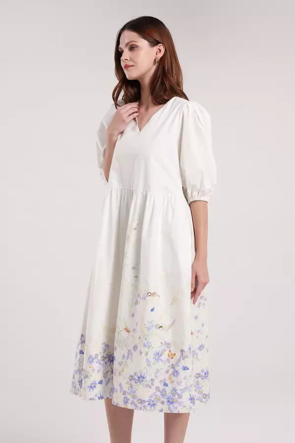 MINIMAL - Rhythm - Gaun Lengan Balon Motif Bunga  - Off White Warna Offwhite