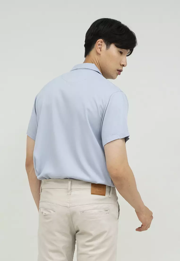 Kemeja bowling shirt pria lengan pendek biru muda houseofcuff