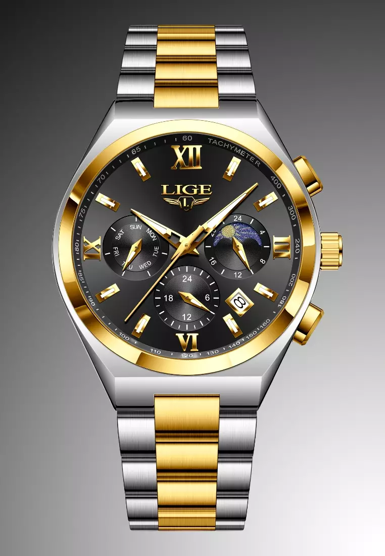 Chronograph Unisex Stainless Steel Quartz Watch 42mm, black dial, on Steel Bracelet