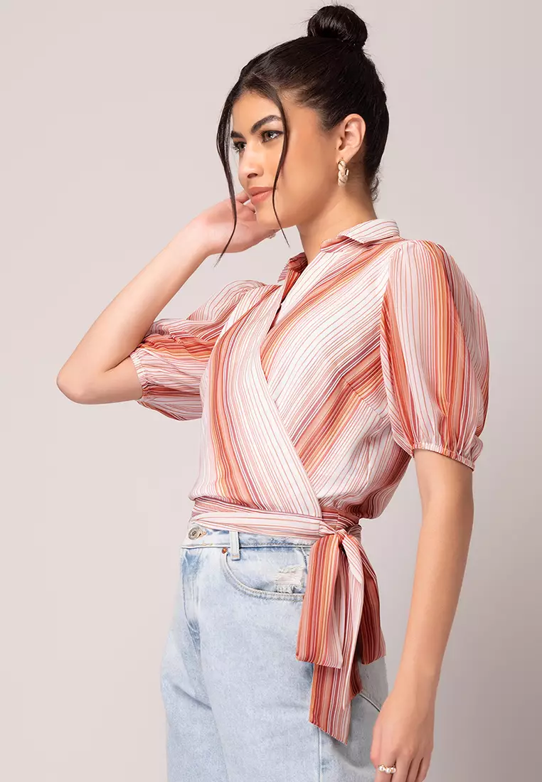 Multi And Brown Striped Collared Wrap Top