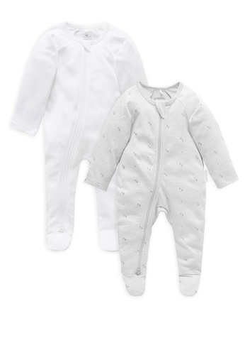 Purebaby Organic grey and white 2 Pack Zip Growsuits E2E4CKAB638849GS_1