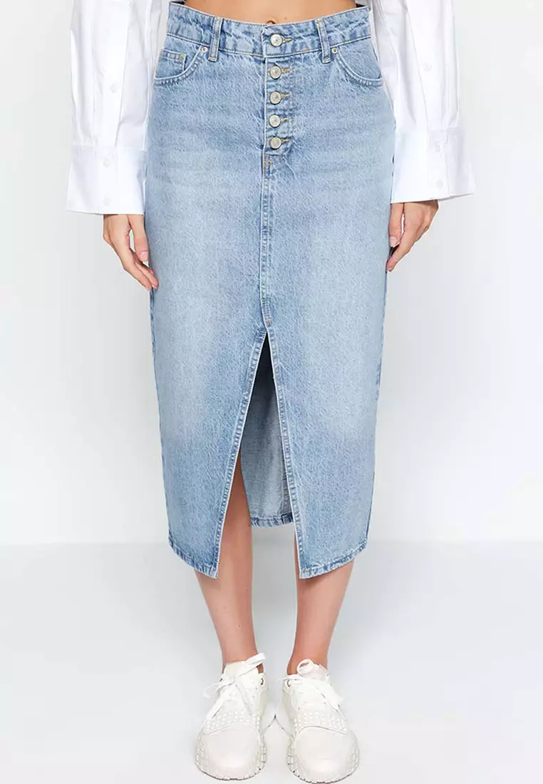 網上選購Trendyol Blue Midi Denim Skirt with Buttons and a Slit