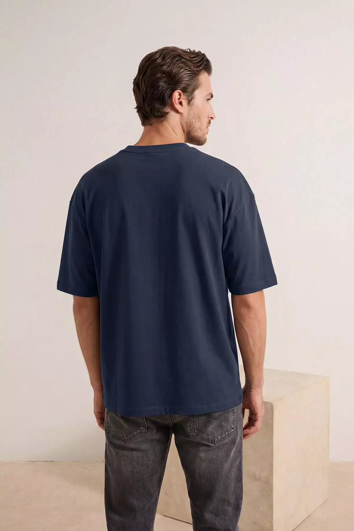 Navy Blue Oversize/Wide Cut Penguin Embroidered 100% Cotton T-Shirt