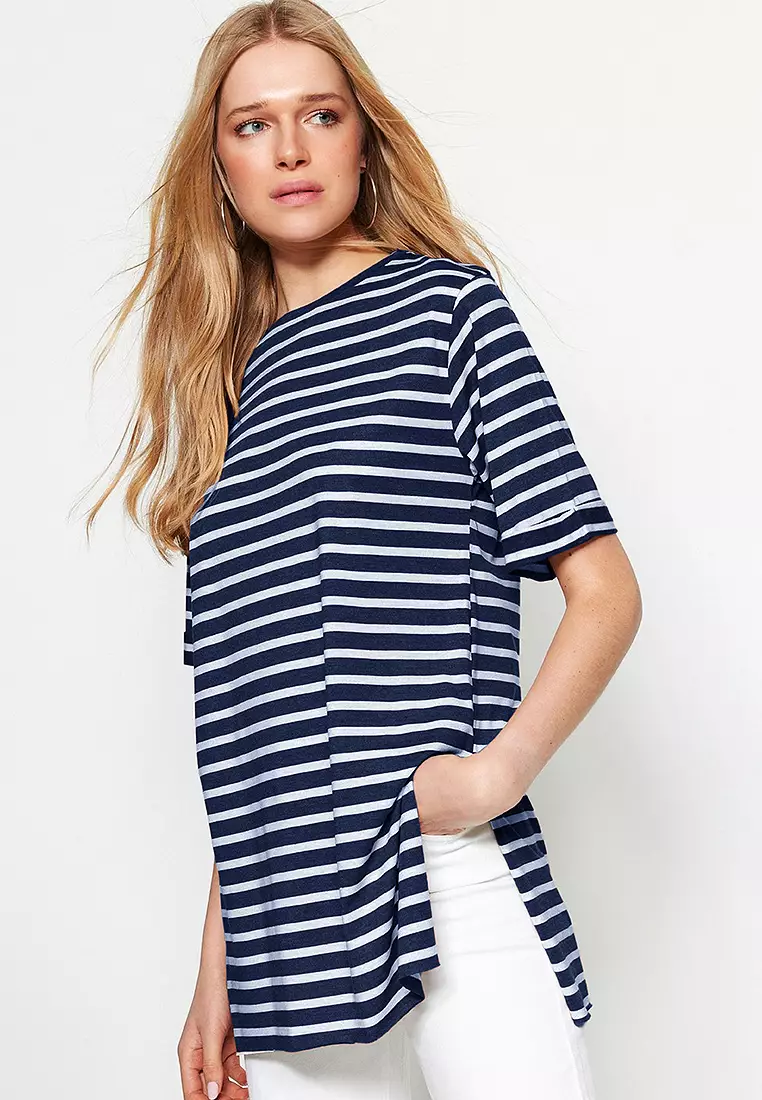 Navy Blue Striped Slit Detail Oversize/Wide Pattern Crew Neck Knitted T-Shirt