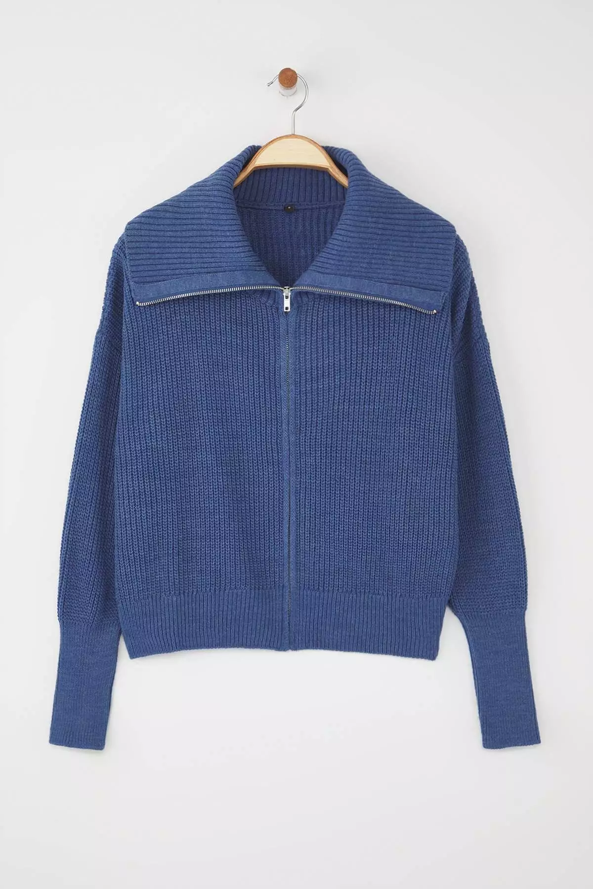 Indigo Wide Fit Turn-Down Collar Zip-Up Knitwear Cardigan Twoaw24Hi00072