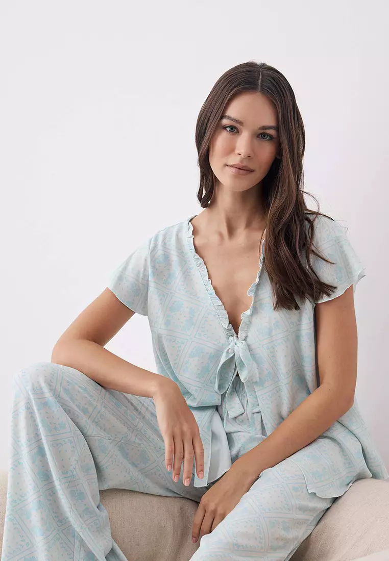 Light Blue Ethnic Patterned Ruffle And Tie Detailed Woven Pajama Set