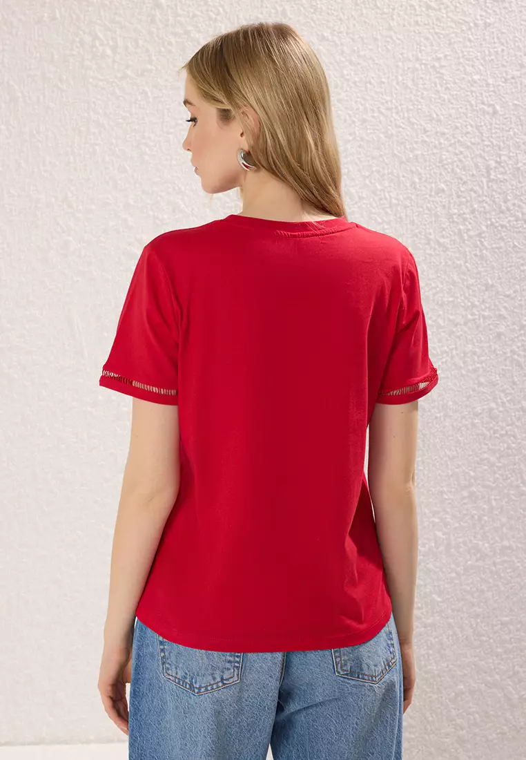 Red Embroidery Detail Basic Crew Neck Knitted T-Shirt