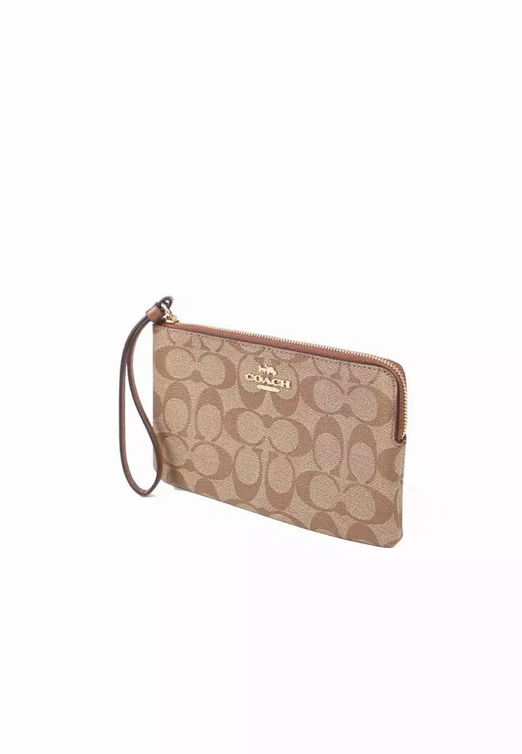 Coach Large double zip wristlet khaki saddle 