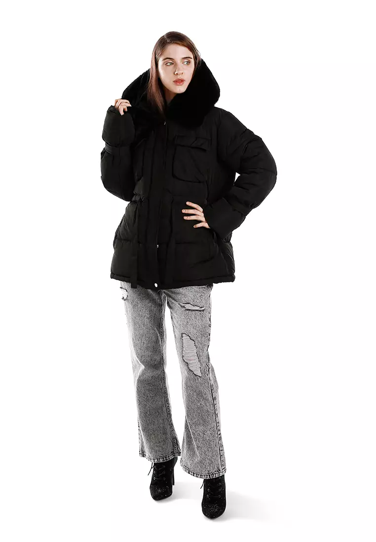 Black Long Puffer Jacket Hoodie