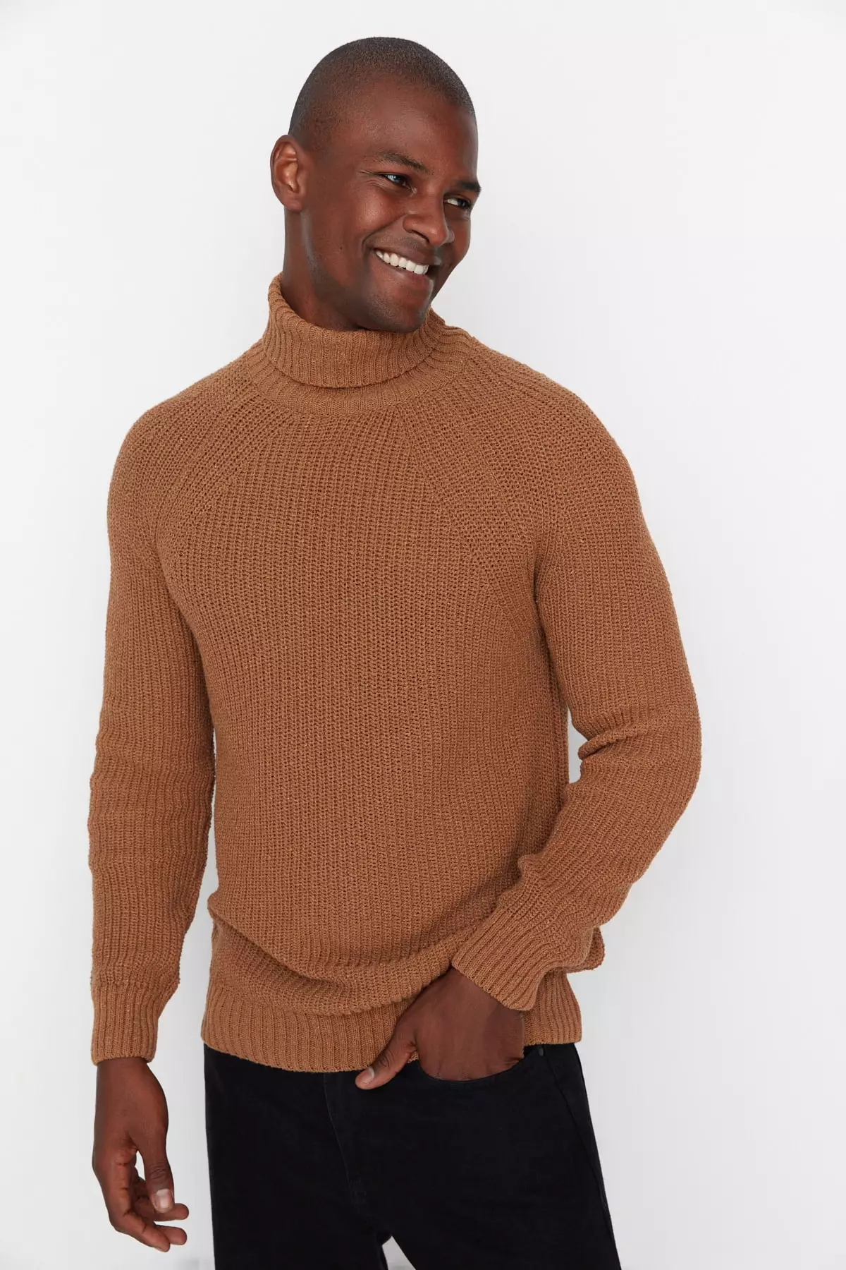 Trendyol Camel Men Slim Fit Turtleneck Raglan Sleeve Basic