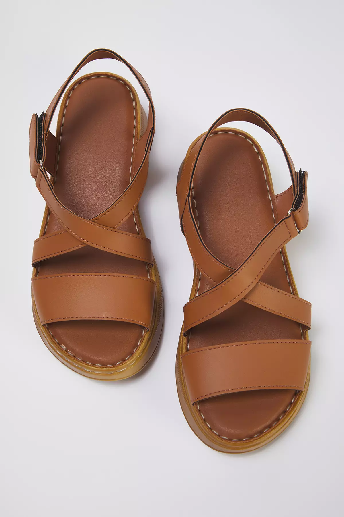Tan Cross Velcro Straps Extra Comfortable Flat Women's Sandals Takss25Sd00000