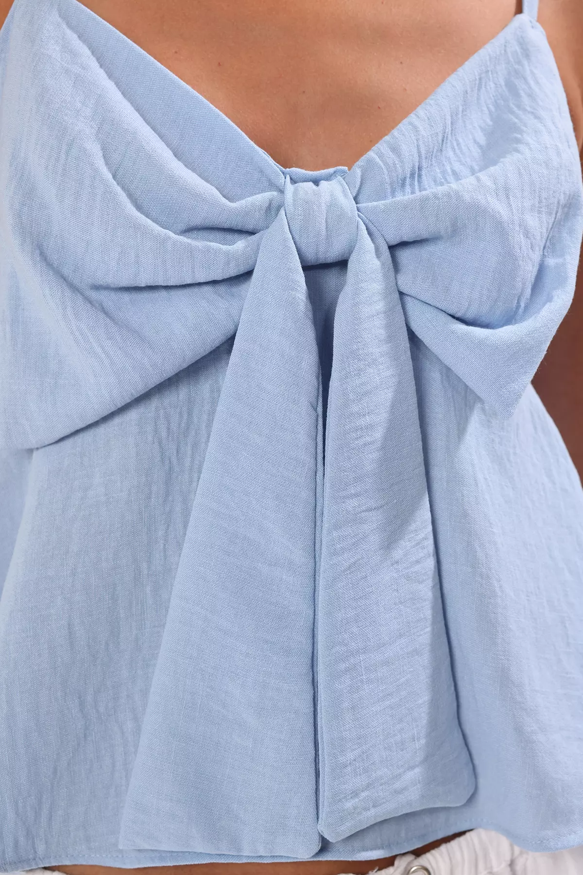 Light Blue Linen Look Bow Detail Woven Blouse with Straps TWOSS25BZ00249