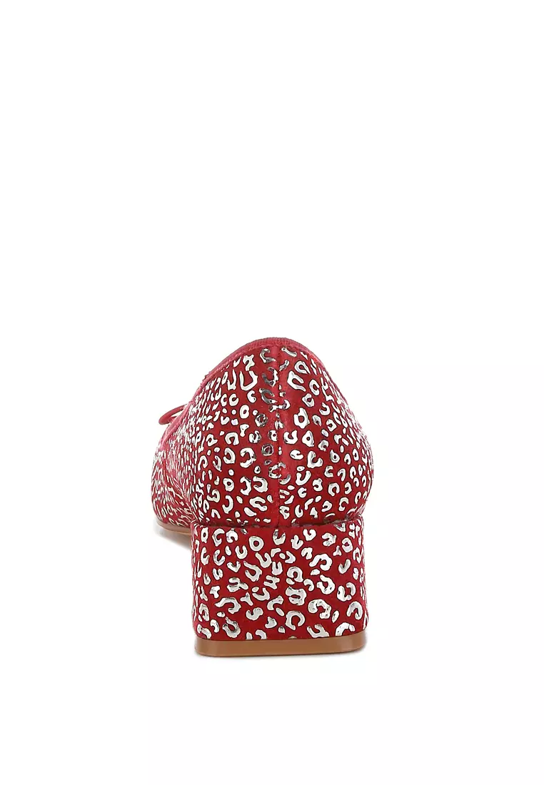 Leopard Print Block Heel Ballerinas in DK Red