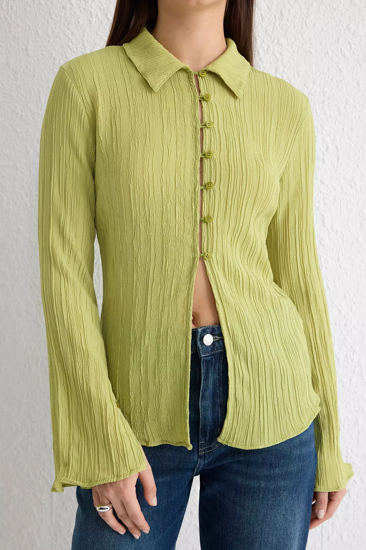 Khaki Textured Fitted Waist Woven Shirt TWOSS24GO00002