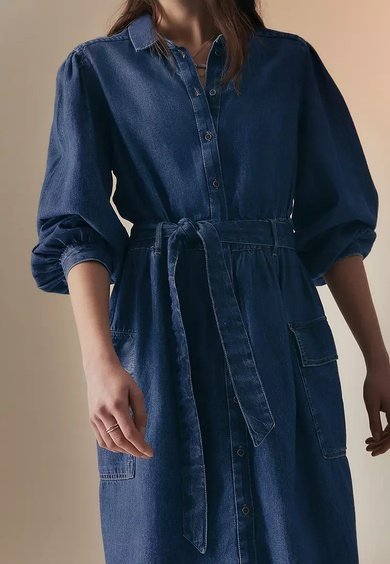 Denim Collared Midi Utility Shirt Dress
