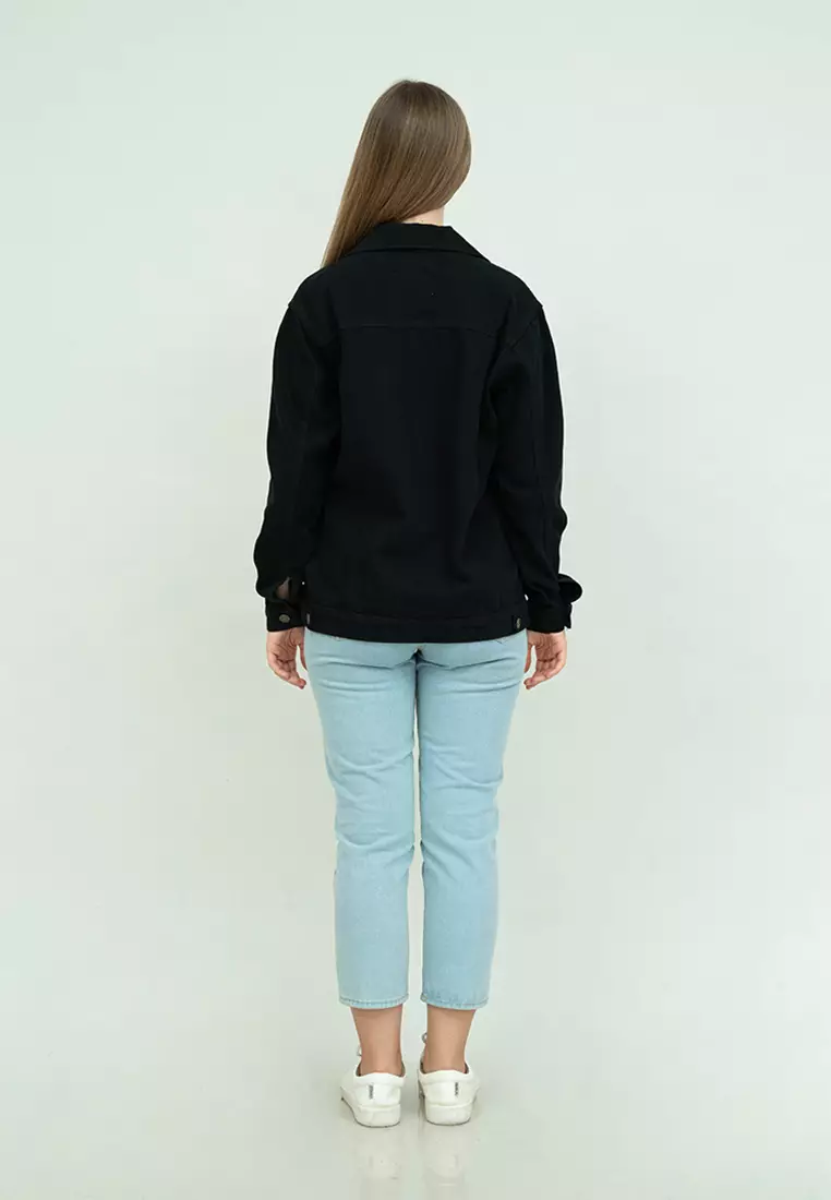 Houseofcuff Jaket Jeans Wanita Polos Tebal Jaket Denim Hitam Unisex