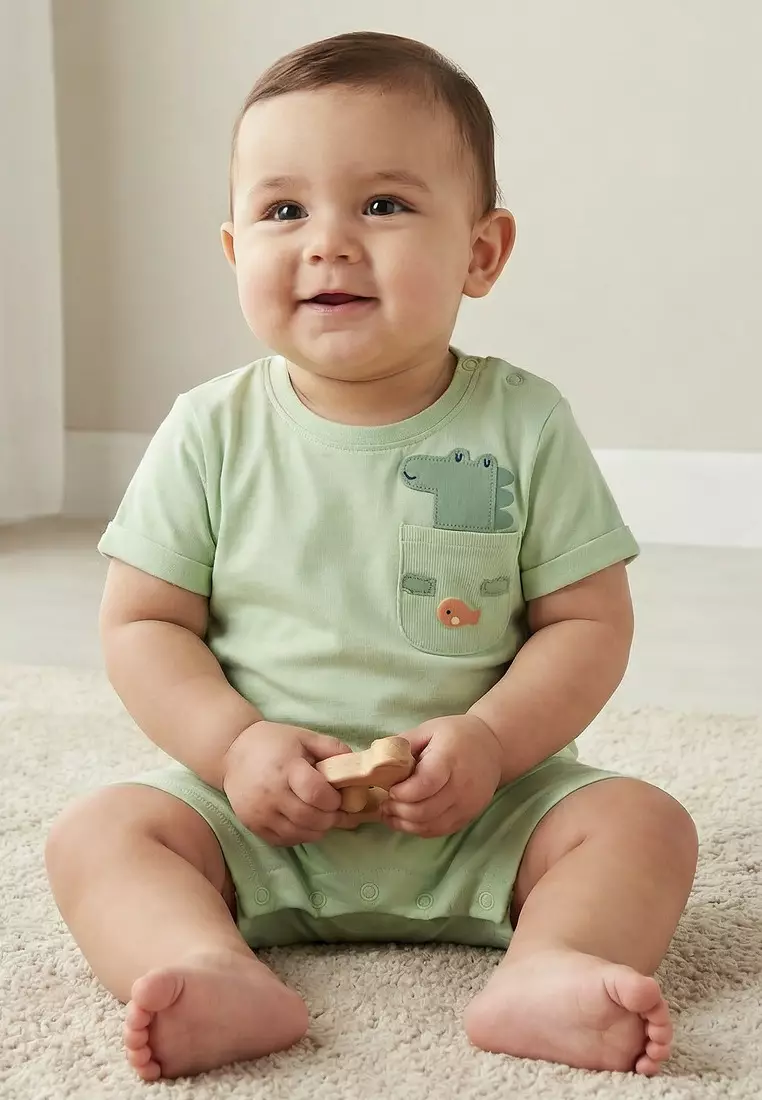 Babyshop Pack Of 2 Juniors Round Neck Short Sleeves Romper With Snap Button Closure