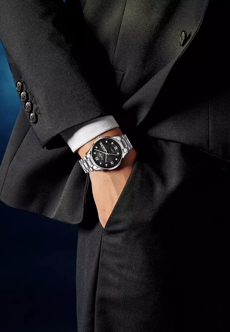 Jam Tangan Pria Original 9011 Anti Air Kuarsa Jam Pria Calendar Tali Stainless Steel Jam Tangan Cowok silverblack