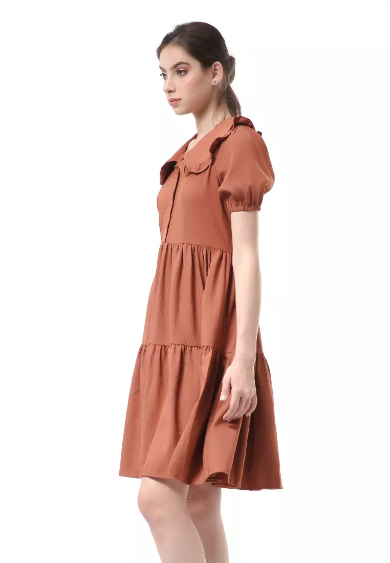 Rachel Dress Rample Wanita Collar Vintage Button Layer Trap Lengan Pendek Material Cey Flow ORIGINAL - Bata