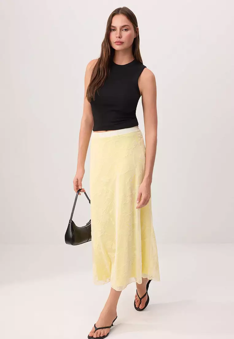 Yellow Flock Printed Pen Maxi/Long Tulle Flexible Knitted Skirt Twoaw26Et146