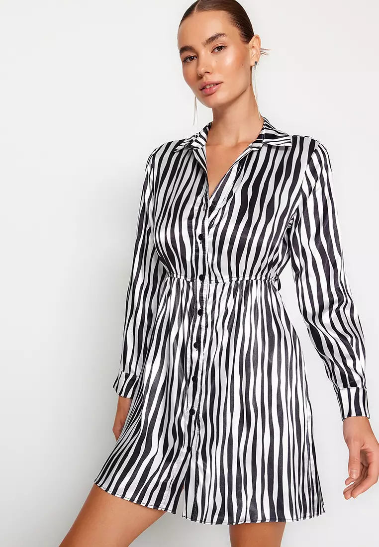 Striped Fitted Poplin Long Sleeve Mini Shirt Dress