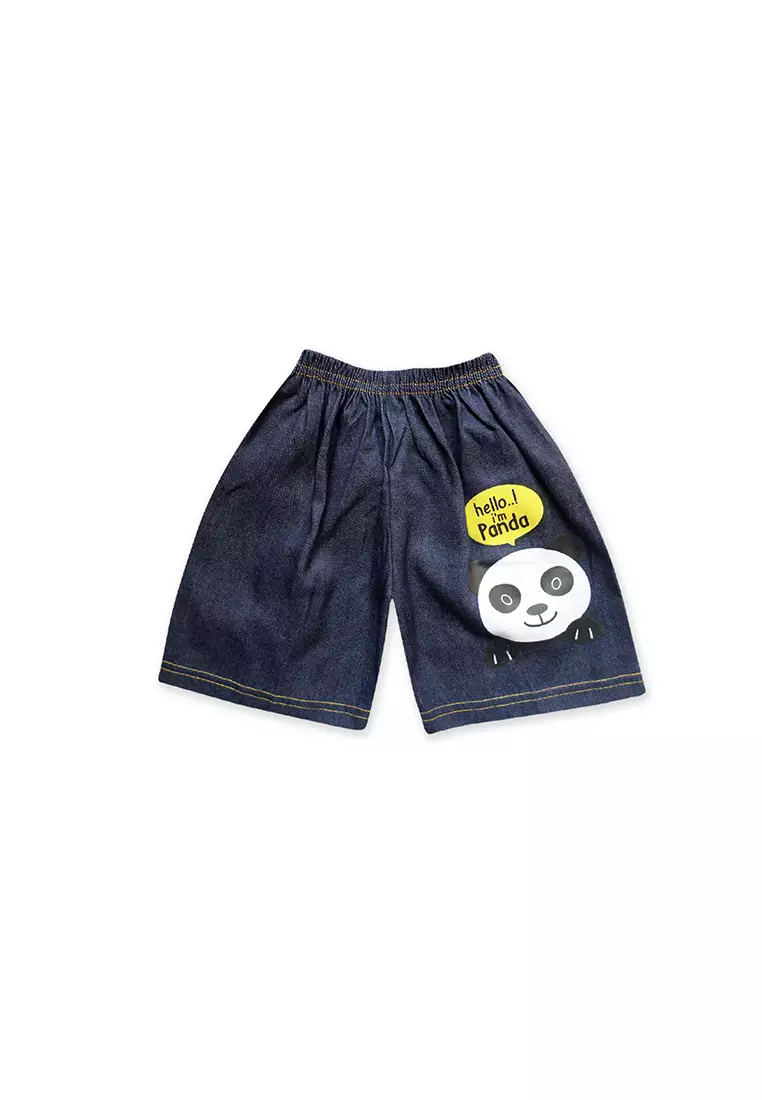 Skabe Pakaian Bayi Anak Laki Laki Baju Atasan Oblong Lengan Pendek Motif Hello Panda Setelan Celana Jeans All Size Baby Warna Tua Usia 6 Bulan Hingga 12 Bulan 3018