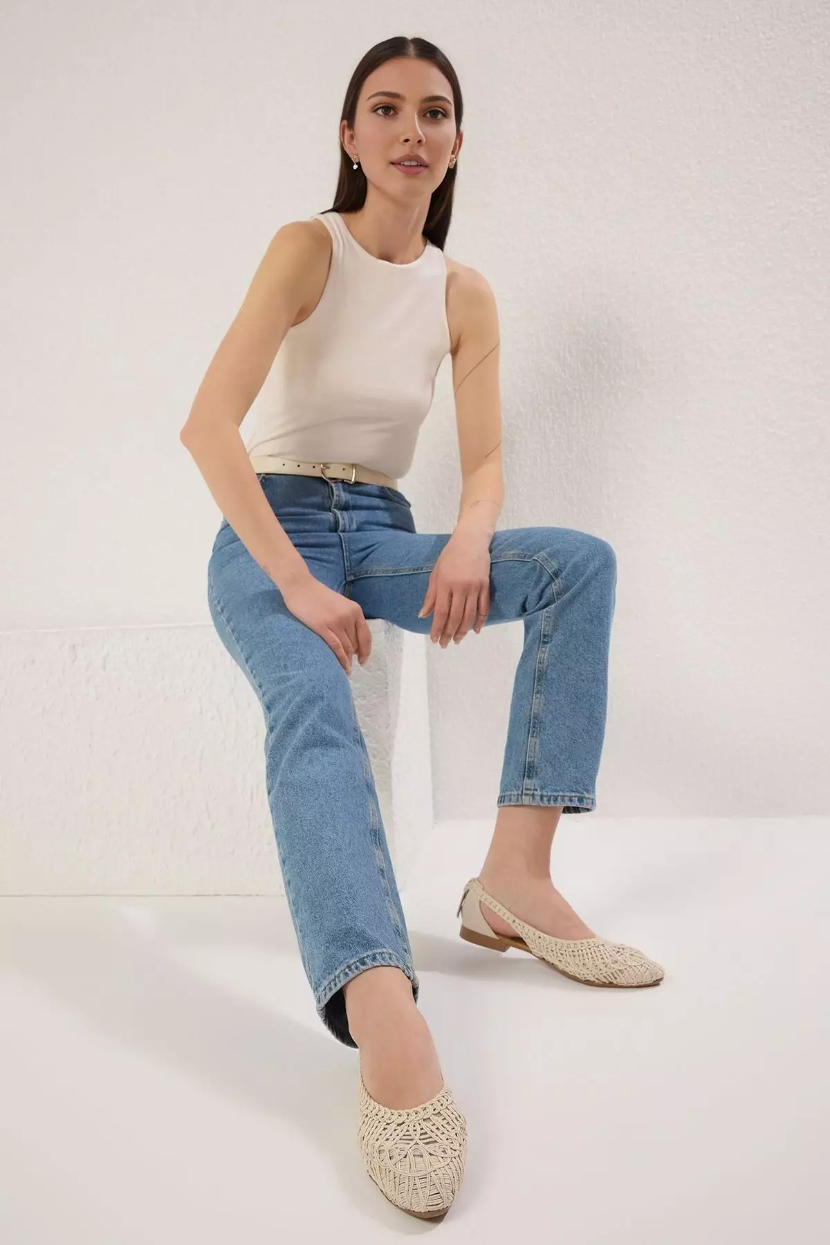 Beige Knitted Patterned Almond Toe Women's Ballerina Ballerina Takss25Be00027