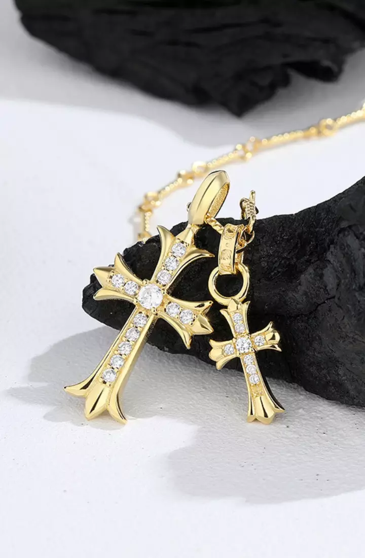 CELOVIS - Xavier Cross with Cubic Zirconia Engravable Pendant Chain Necklace in Gold