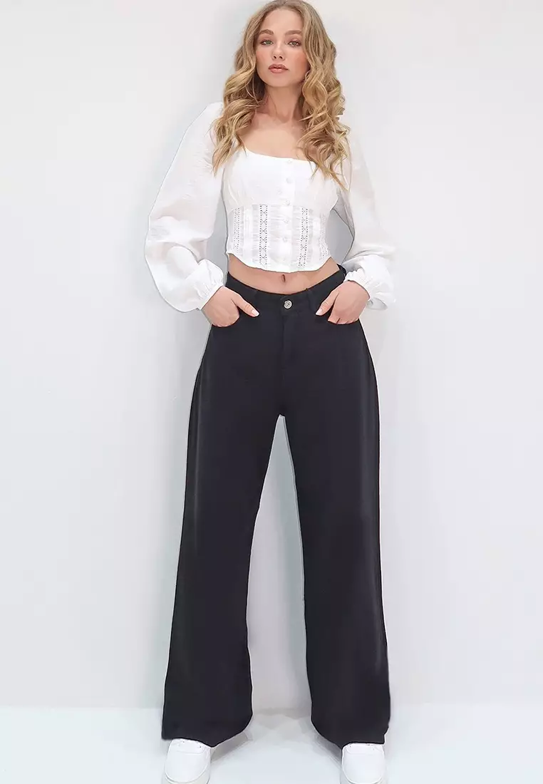 Buy Alacati Women's Black High Waist Five Pocket Wide Leg Summer
