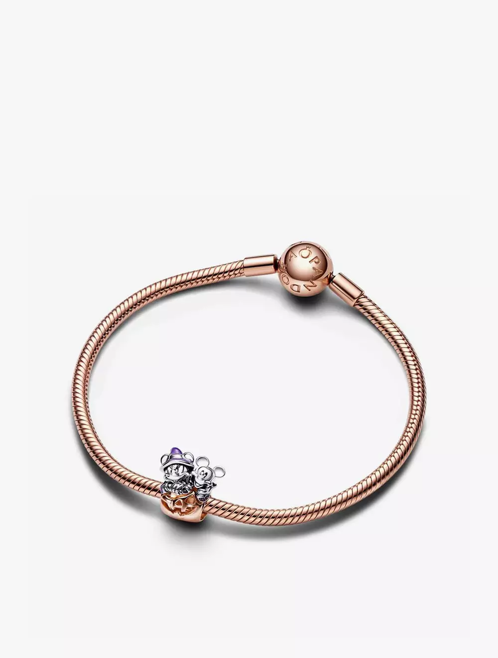 Disney Mickey and Minnie pumpkin sterling silver and 14k rose gold-plated charm with black and purple glow in the dark enamel