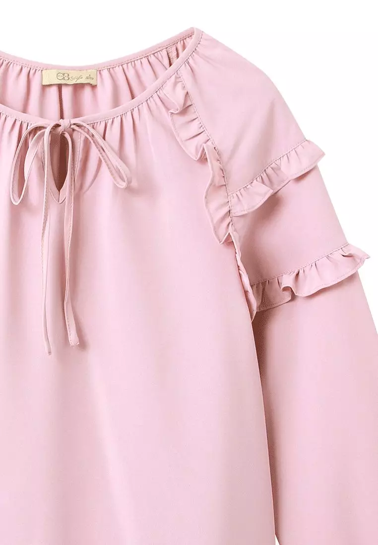 Sweet Bow Tie Ruffle Trim Long Puff Sleeve Top [AB17751]