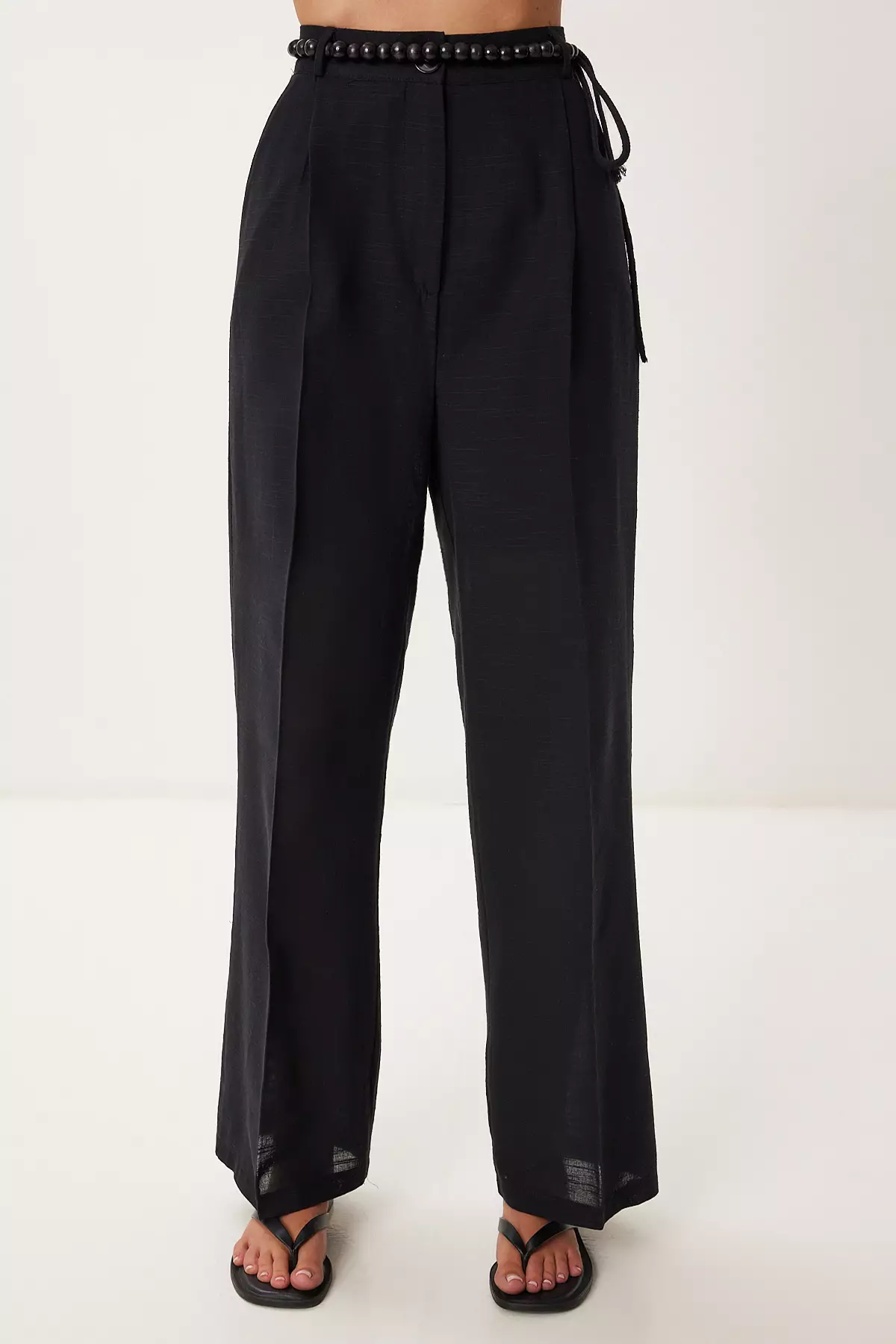 Women's Black Bead Detail Linen Blouse Pants Suit Bv00170