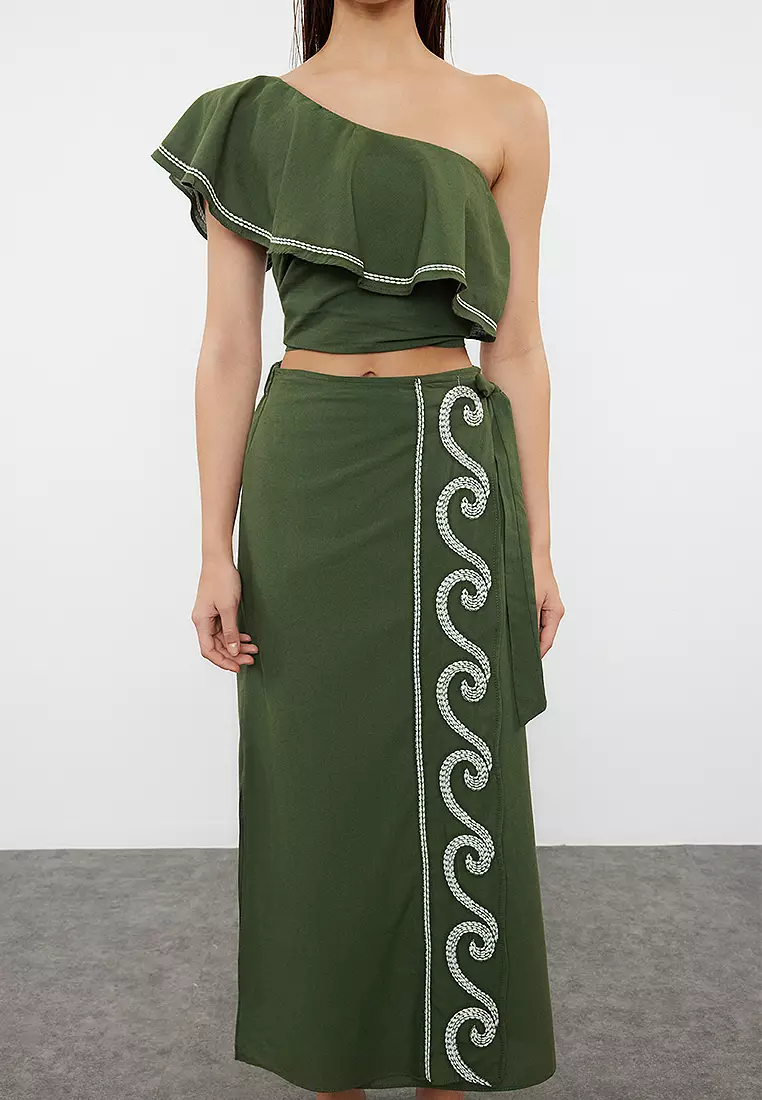 Cotton One Shoulder Blouse With Midi Skirt Beach Set