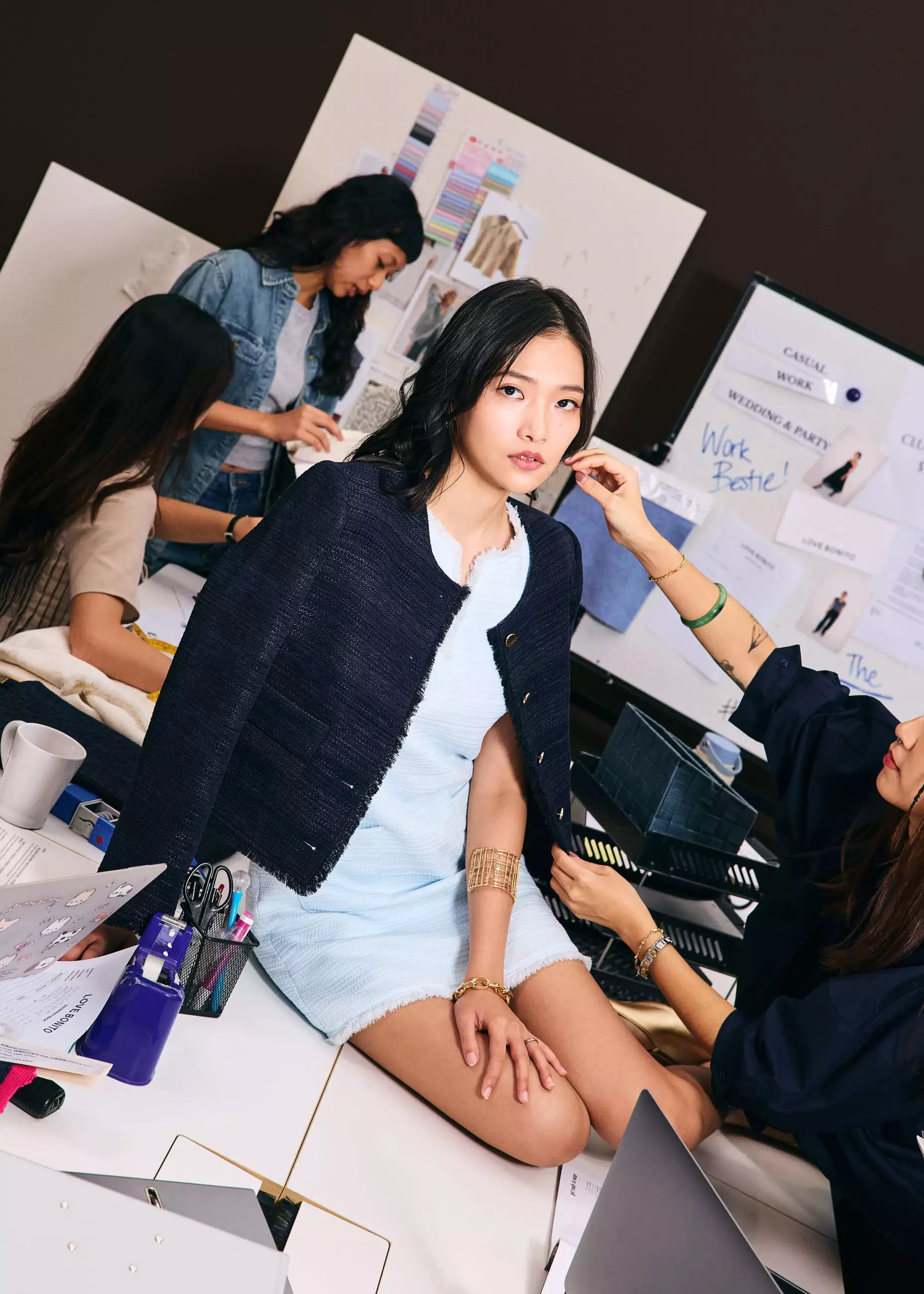 Blazer Wanita - RuchedReady® Ellis Shoulder Padded Jacquard Tweed Boxy Jacket